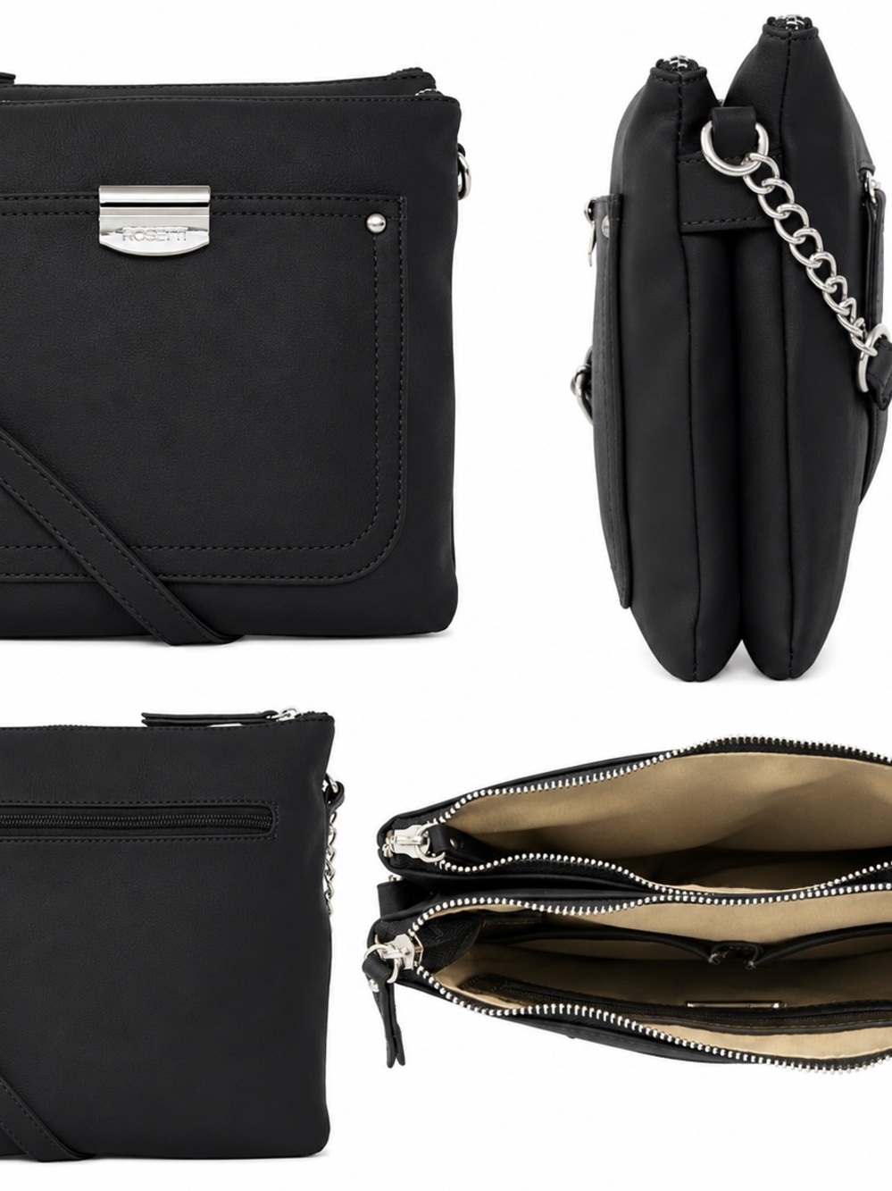 Rosetti Black Triple-Compartment Crossbody with Chain Detail. New with $56 tags